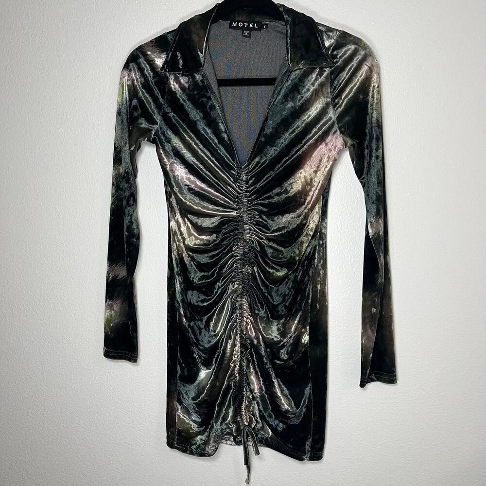 Motel Aviva velvet fairycore v-neck scrunch front mini dress